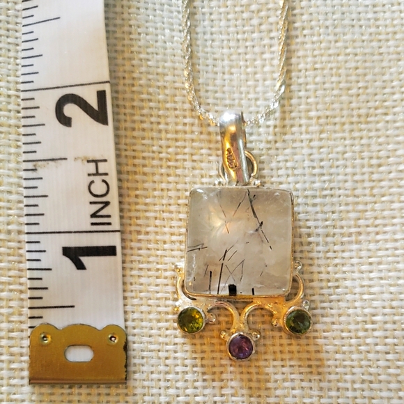 SOLD-Rutile Quartz, Peridot, and Amethyst Sterling Silver Necklace - Picture 11 of 12